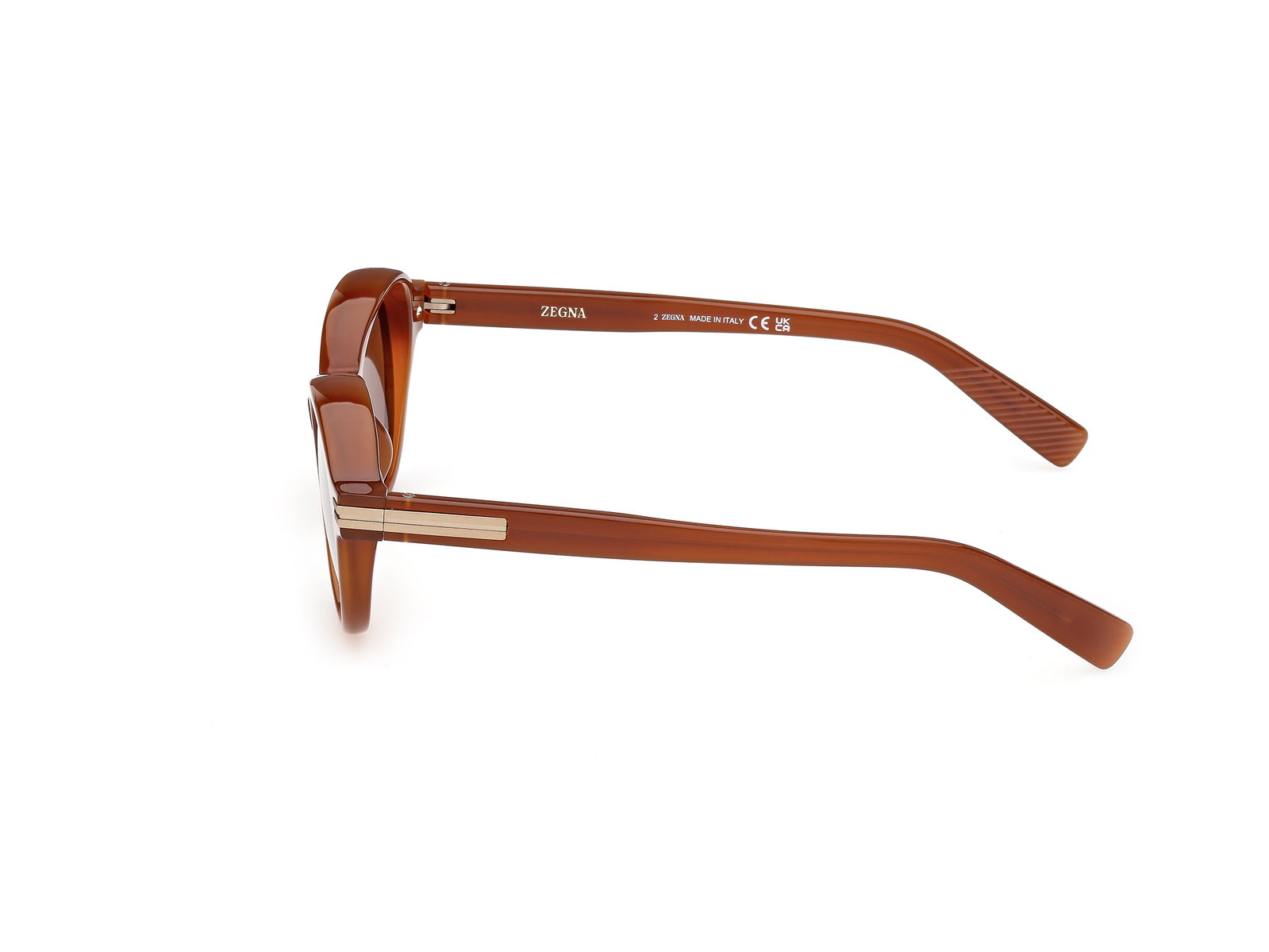 Das Bild zeigt die Bügel der Zegna Sonnenbrille 0253 in glänzend hellbraun.